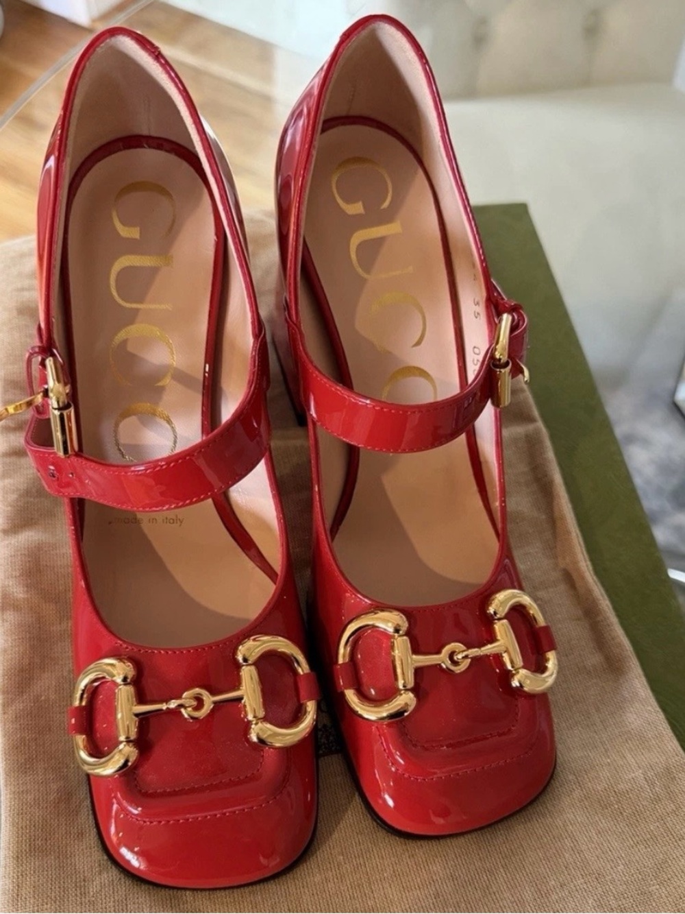 Gucci Red Patent Leather Mary Jane Block Heels with Gold Horsebit - Picture 3 of 8